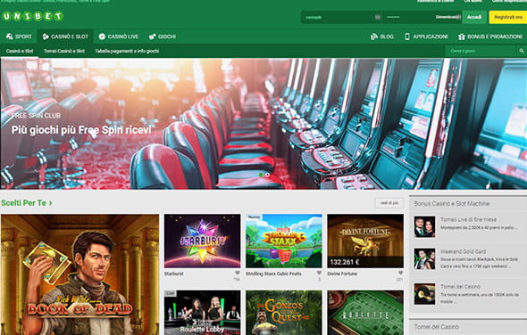 La homepage di Unibet casinò, uno dei portali provvisto del maggior numero di prodotti a marchio Pragmatic Play.