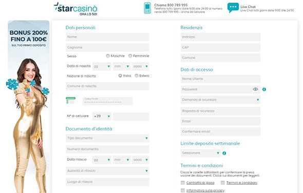 Modulo di registrazione di StarCasinò. Una volta compilato sarete pronti ad iniziare a giocare!