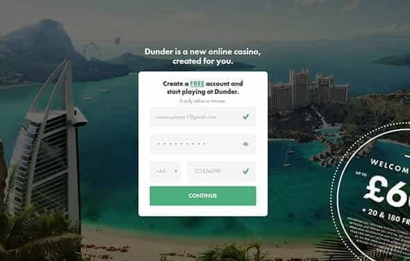 An image of the first step of registration at Dunder casino where players must enter their email address, password, and phone number