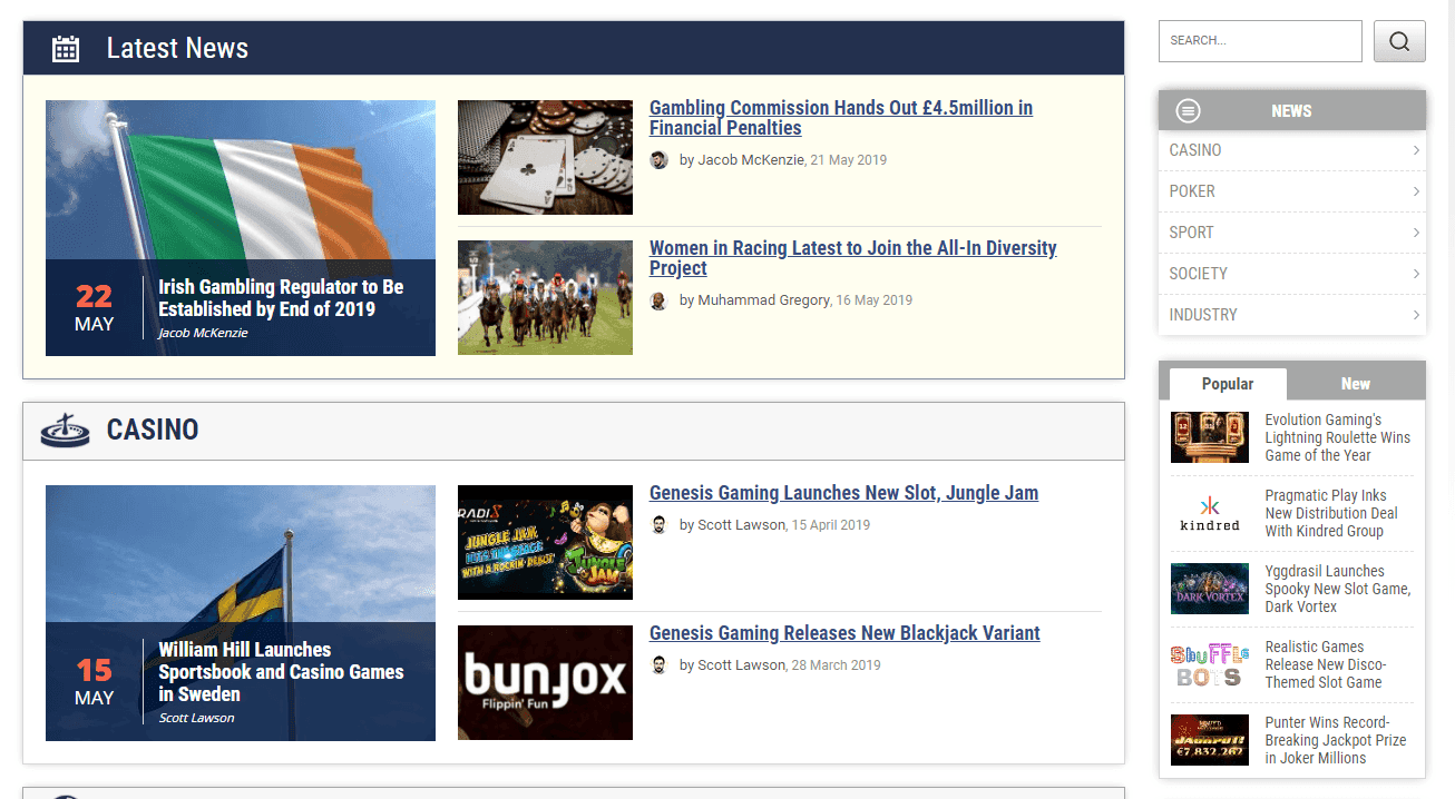 A screenshot of the new news section on Online-Casinos.com.