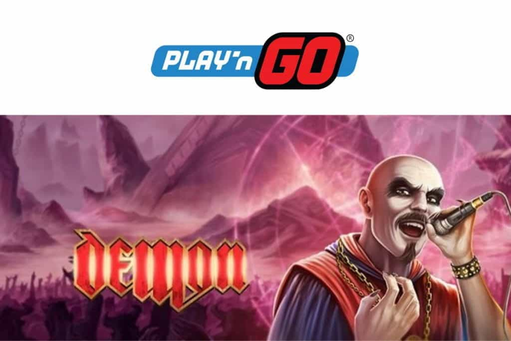 The Play'n GO logo above the logo for the Demon slot game.