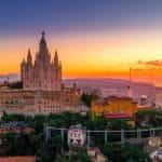 Sunset over the skyline in Barcelona, Spain.